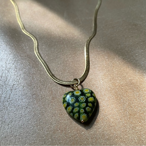 💚Green Heart Italian Millefiori glass bead snake chain herringbone gold plated - Picture 1 of 9